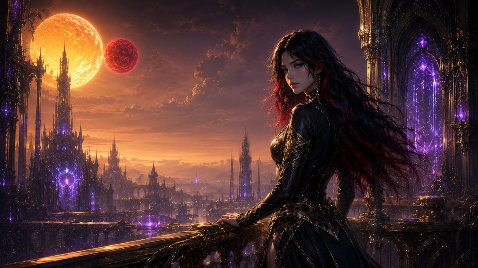 Lilith overlooking a city beneath two suns