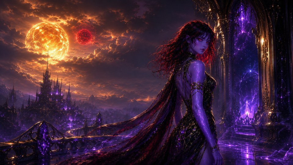Ro overlooking a city beneath two suns
